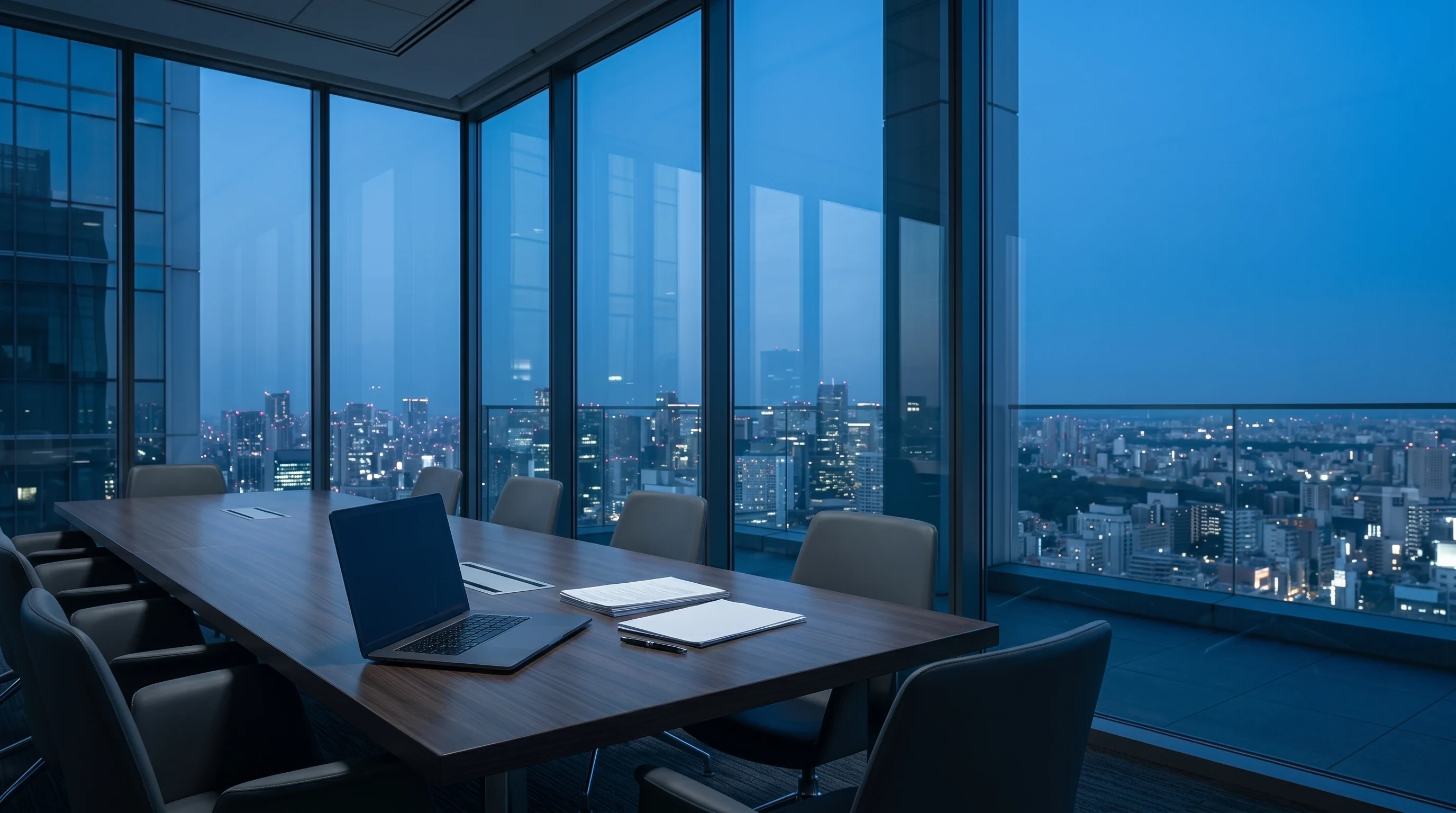 Minimalist boardroom at blue hour with a laptop and documents on the table, city lights beyond the glass