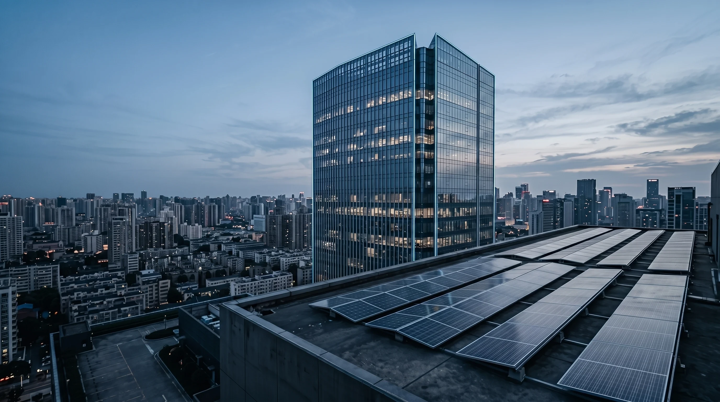 Glass office tower at dusk with a rooftop solar array in the foreground